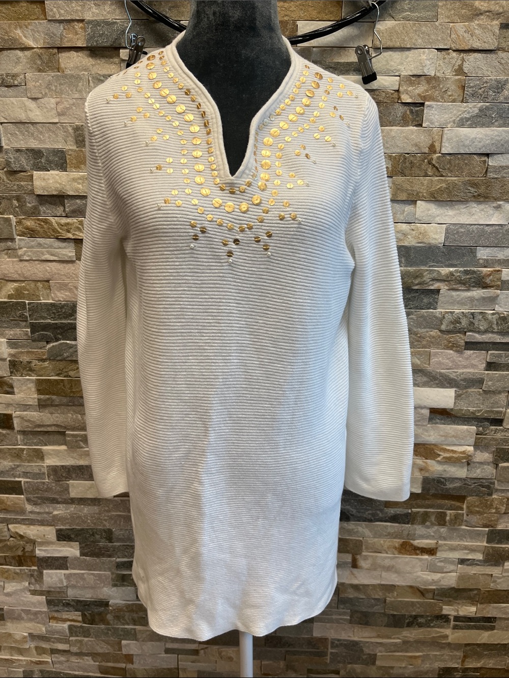 Peck & Peck White Tunic Sweater with Gold Stud Detail